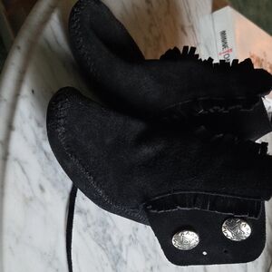 Minnetonka Black Moccasins with Silver Accents